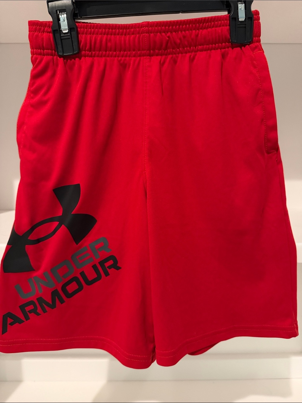 Under Armour Youth Medium Red Athletic Shorts with Black Logo